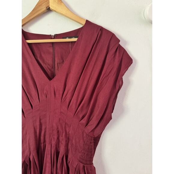 NWT Madewell Pleated V Neck Midi Dress Linen Blend Vintage Burgundy Size 2 - Picture 7 of 11